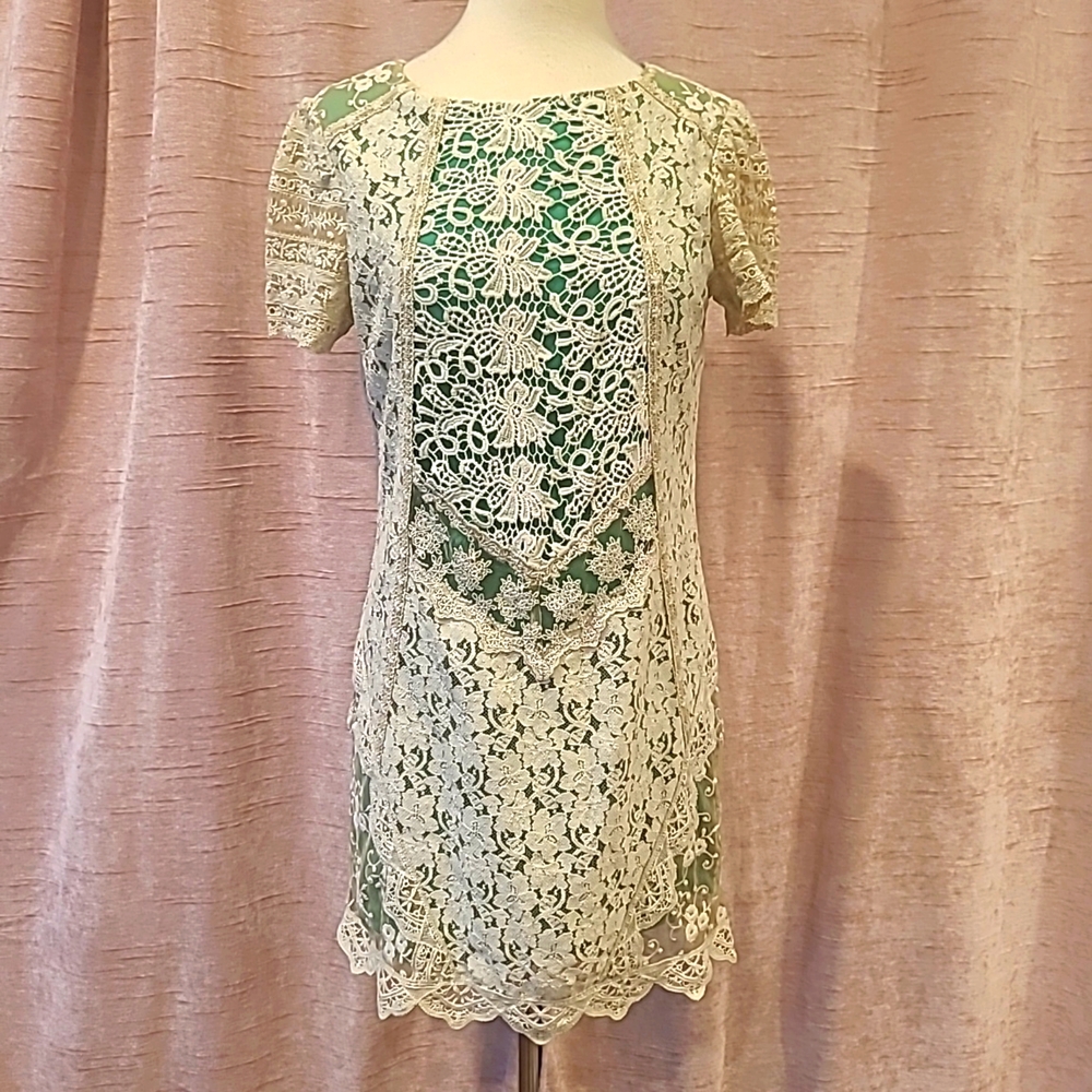 Champagne & Strawberry dress taupe lace with green underneath szS NWT